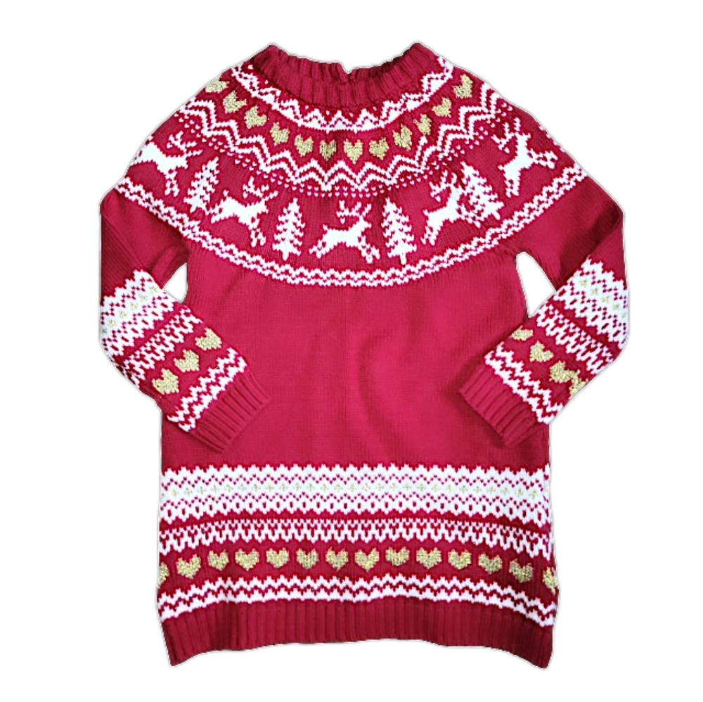 CYNTHIA ROWLEY 18m Red White Gold Fair Ilse Nordic Longsleeve Knit Sweater Dress
